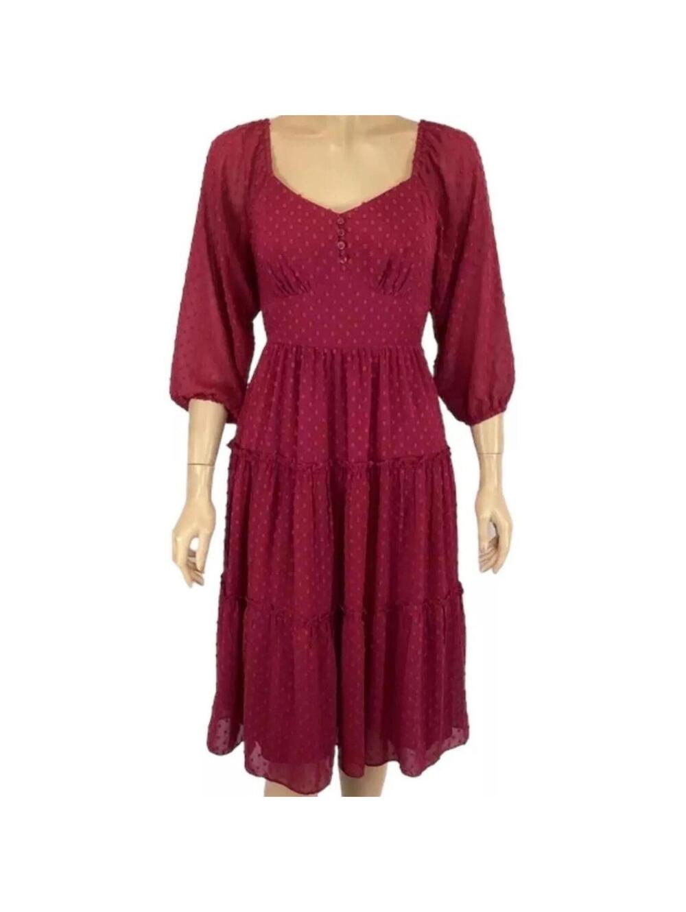 J Crew smocked midi dress size 8 Tiered wine burgundy Swiss Dot 3/4 Sleeve